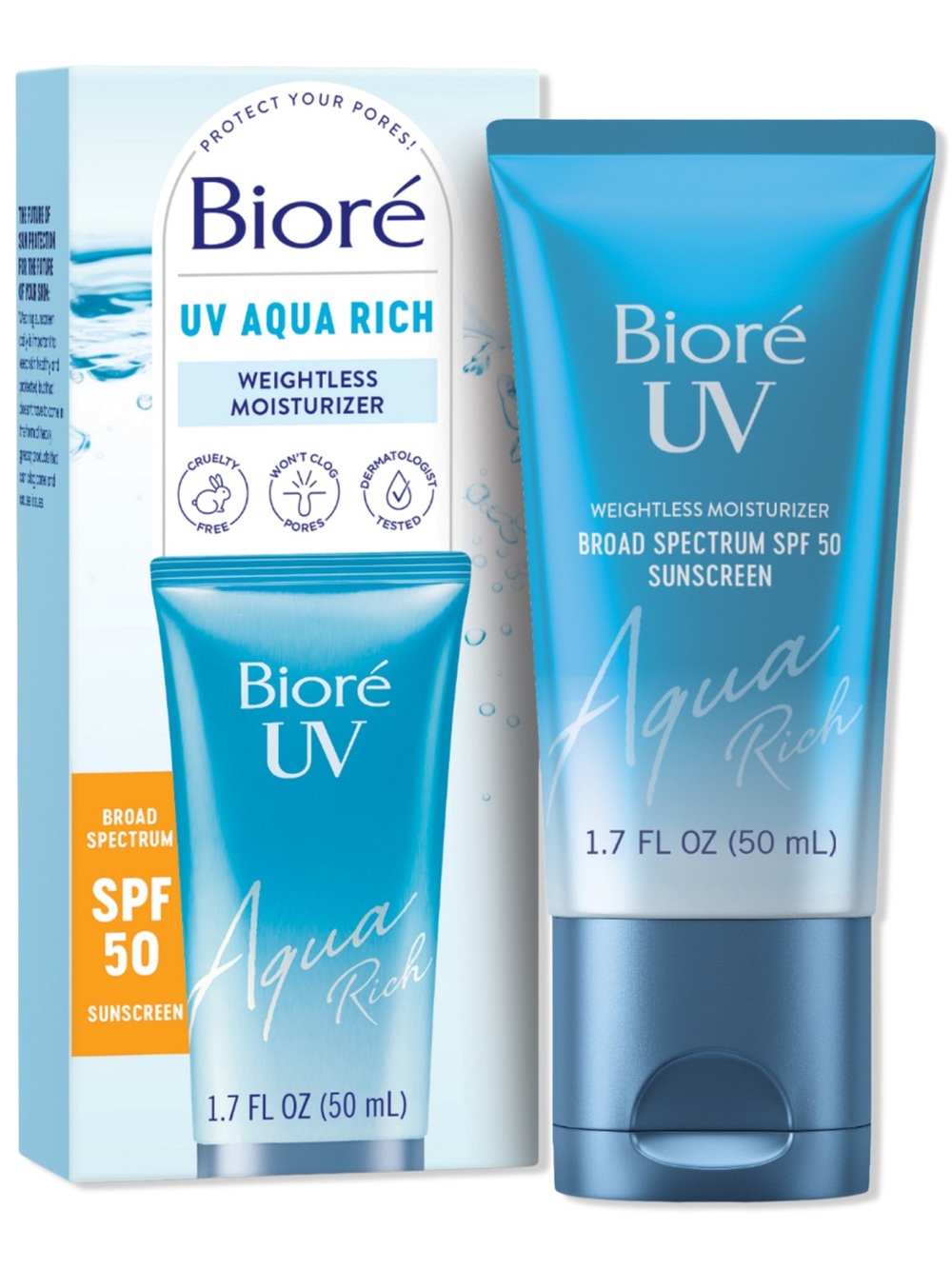 Biore UV Aqua Rich Weightless Moisturizer SPF 50 Sunscreen 1.7 oz Exp 7/26 NIB